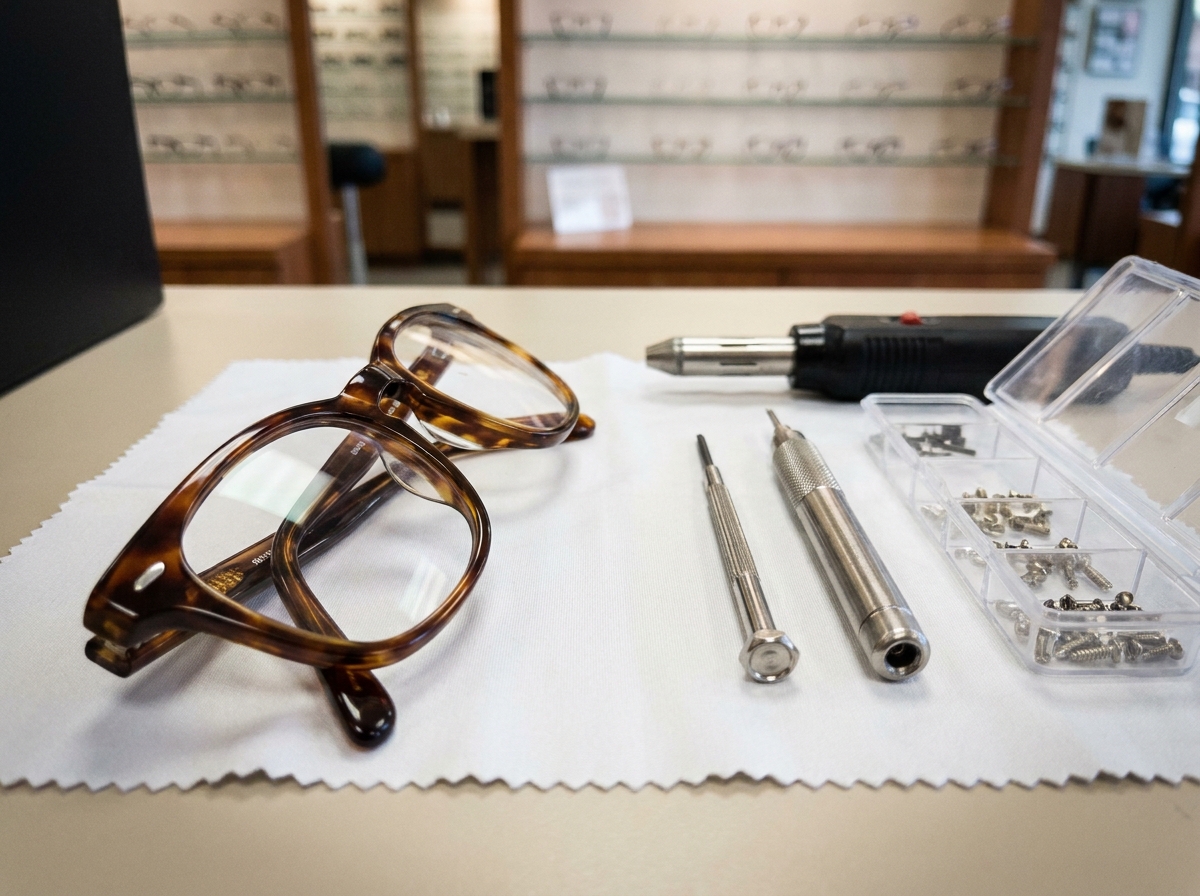 Gros plan sur les outils et monture de lunettes en acétate posés sur un tissu optique blanc lors du montage des verres