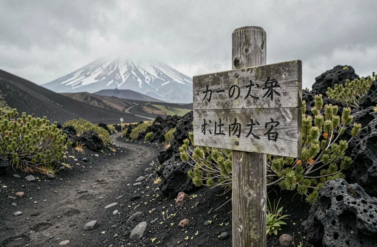 Panneau en bois japonais sur sentier volcanique du mont Fuji avec champs de lave et paysage alpin