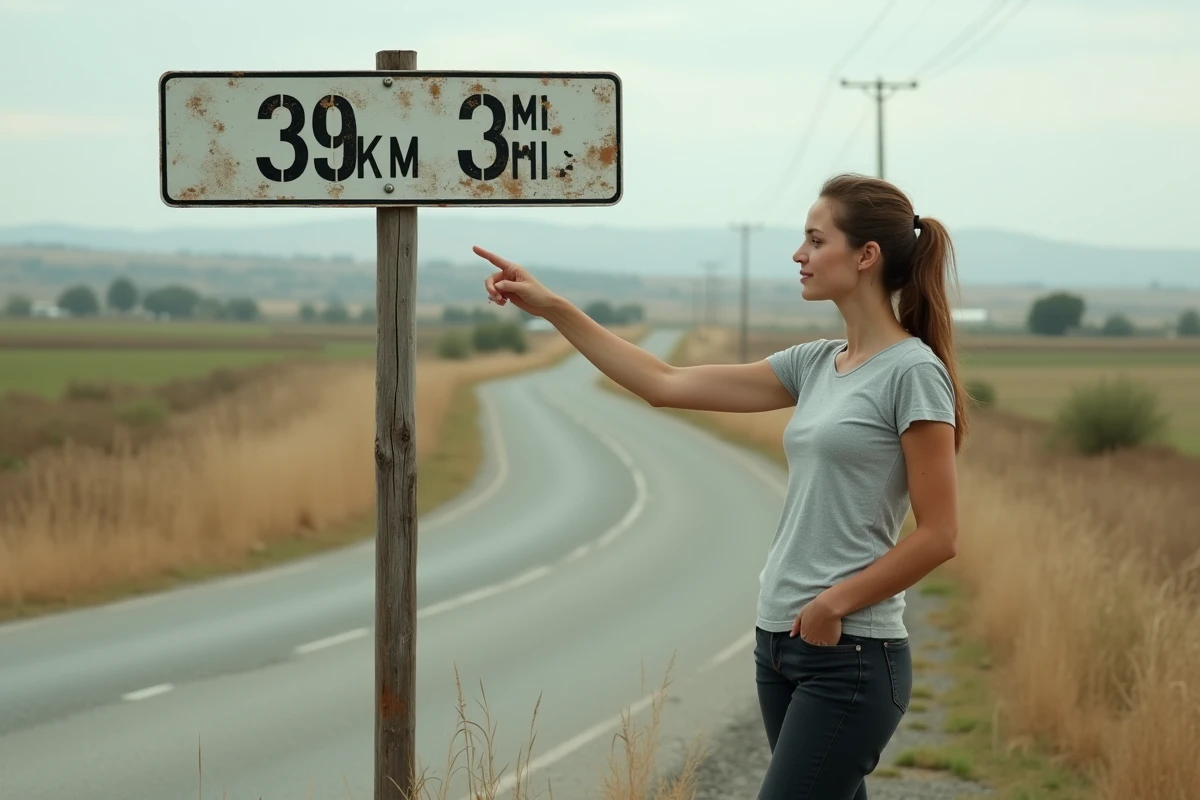 Femme pointant un panneau routier indiquant des distances en kilomètres et en miles à un carrefour de campagne
