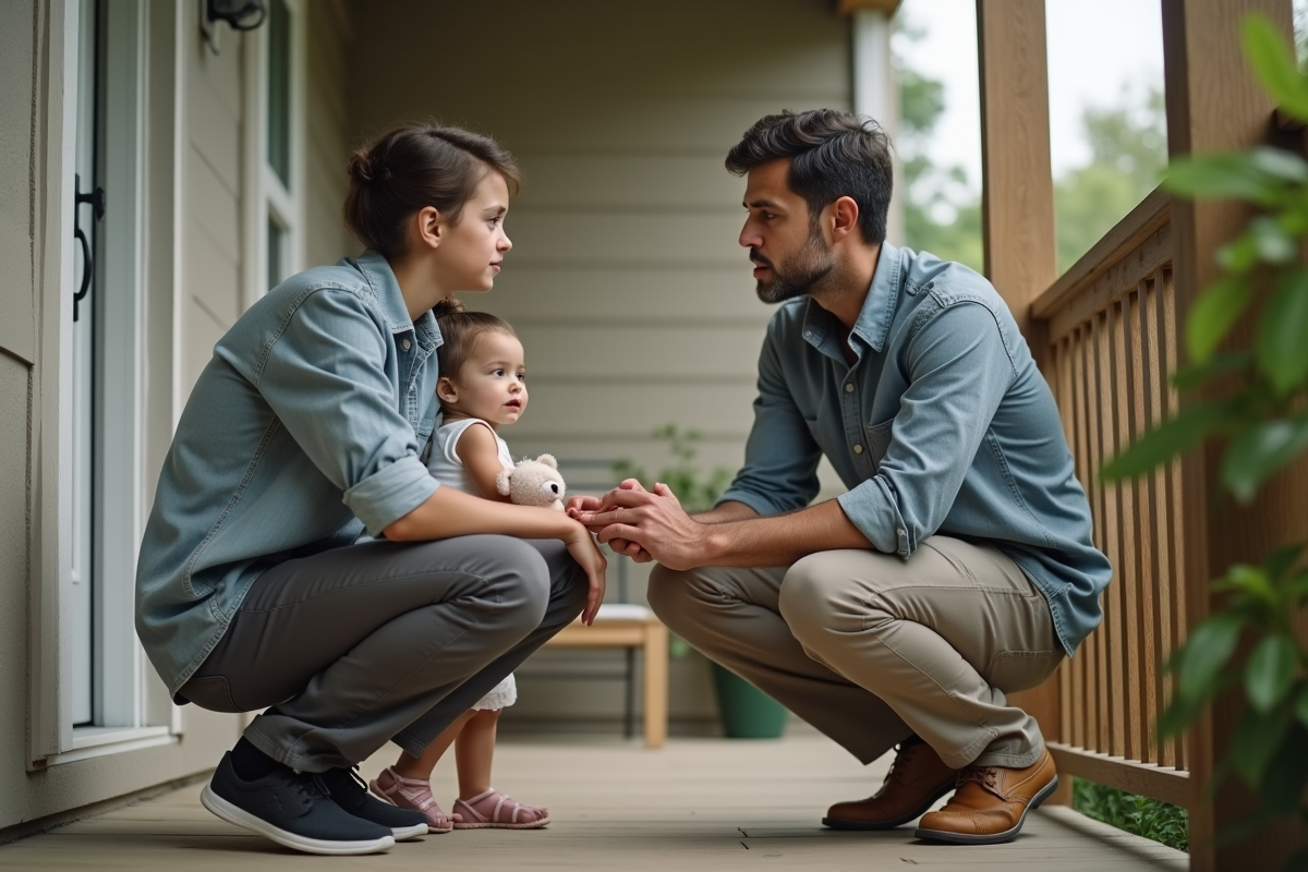 Pere parle doucement avec sa fille sur la veranda