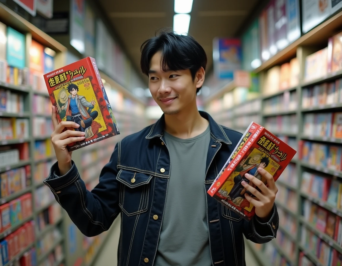 Un passionné de manga examine un volume de One Punch Man dans une librairie spécialisée en mangas