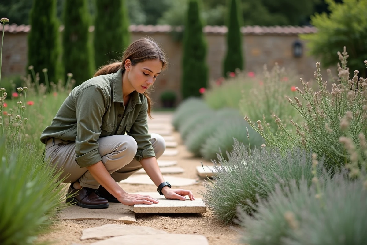 Paysagiste posant des dalles en grès dans un sentier de jardin provençal avec plantes aromatiques et cyprès en arrière-plan