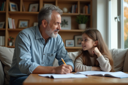 Père et fille discutant de devoirs dans un salon moderne