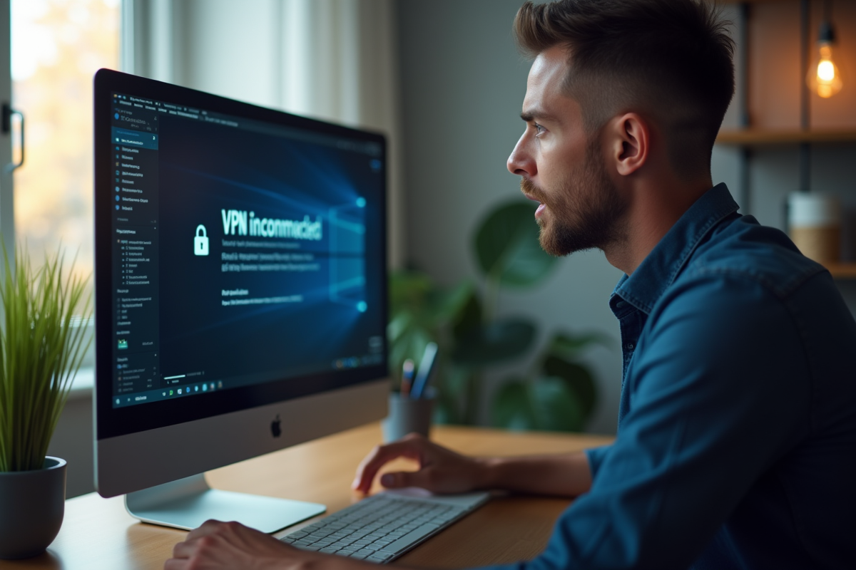 Personne surprise devant un ordinateur avec notification VPN déconnecte