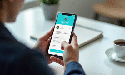 Personne tenant un smartphone avec l'application Vinted en support