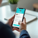 Personne tenant un smartphone avec l'application Vinted en support