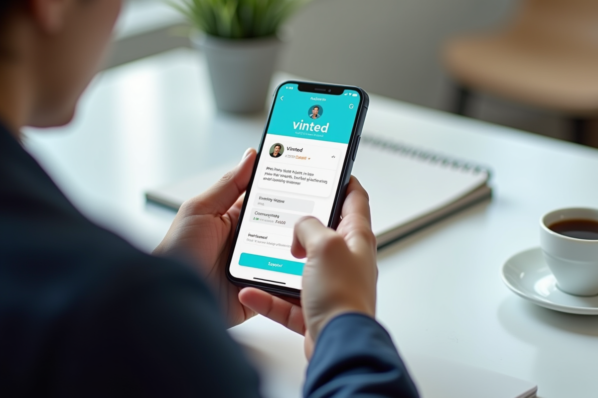 Personne tenant un smartphone avec l'application Vinted en support