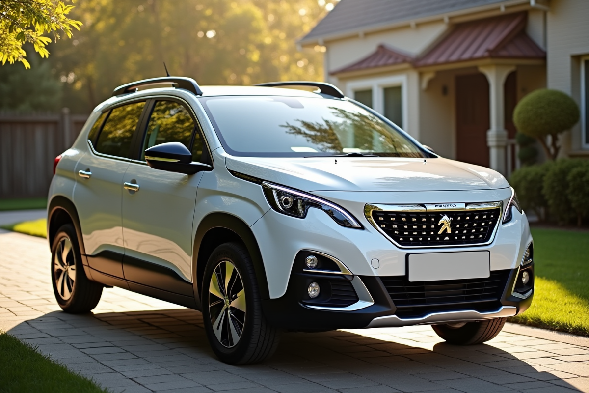 Peugeot 2008 moderne en vente dans une allée résidentielle lumineuse