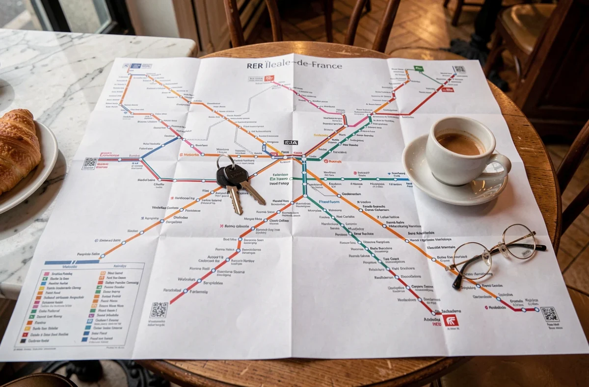 Plan papier du réseau RER Île-de-France déplié sur une table de café parisien