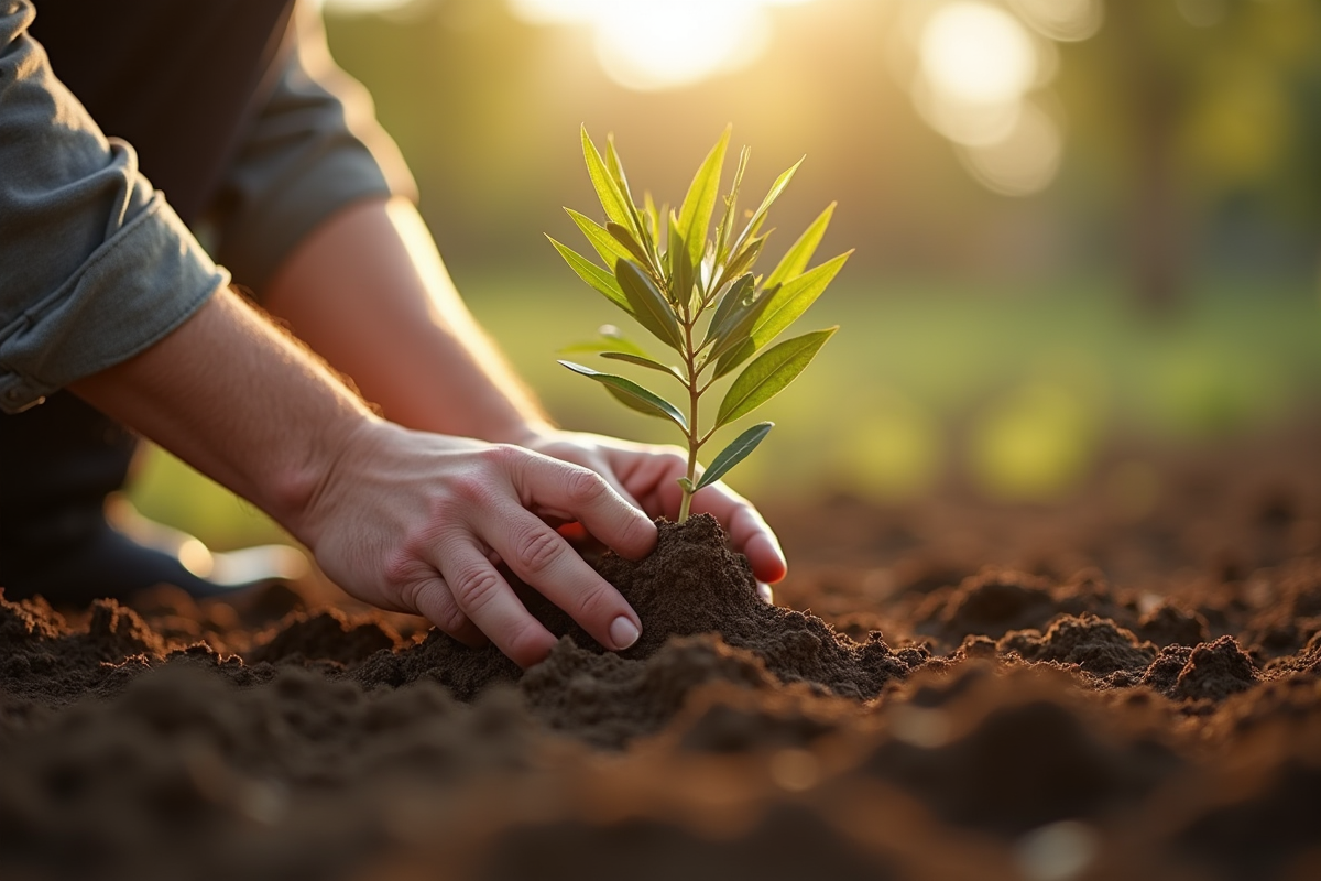 Main plantant un olivier dans un sol riche en lumière naturelle