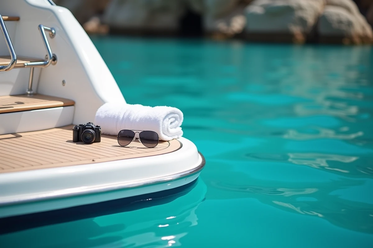 Plateforme arrière d'un yacht avec échelle de bain descendant dans les eaux turquoise de la Méditerranée
