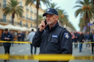 Policier français en uniforme sécurisant une zone bouclée à Cannes lors d'une alerte à la bombe