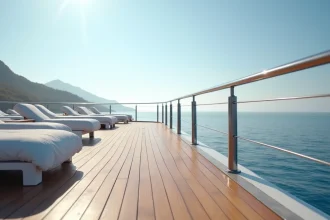 Pont avant d'un yacht de luxe avec transats blancs et plancher en teck sur la mer Méditerranée