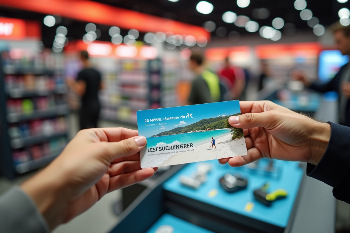 Mains présentant des bons vacances français sur des équipements sportifs