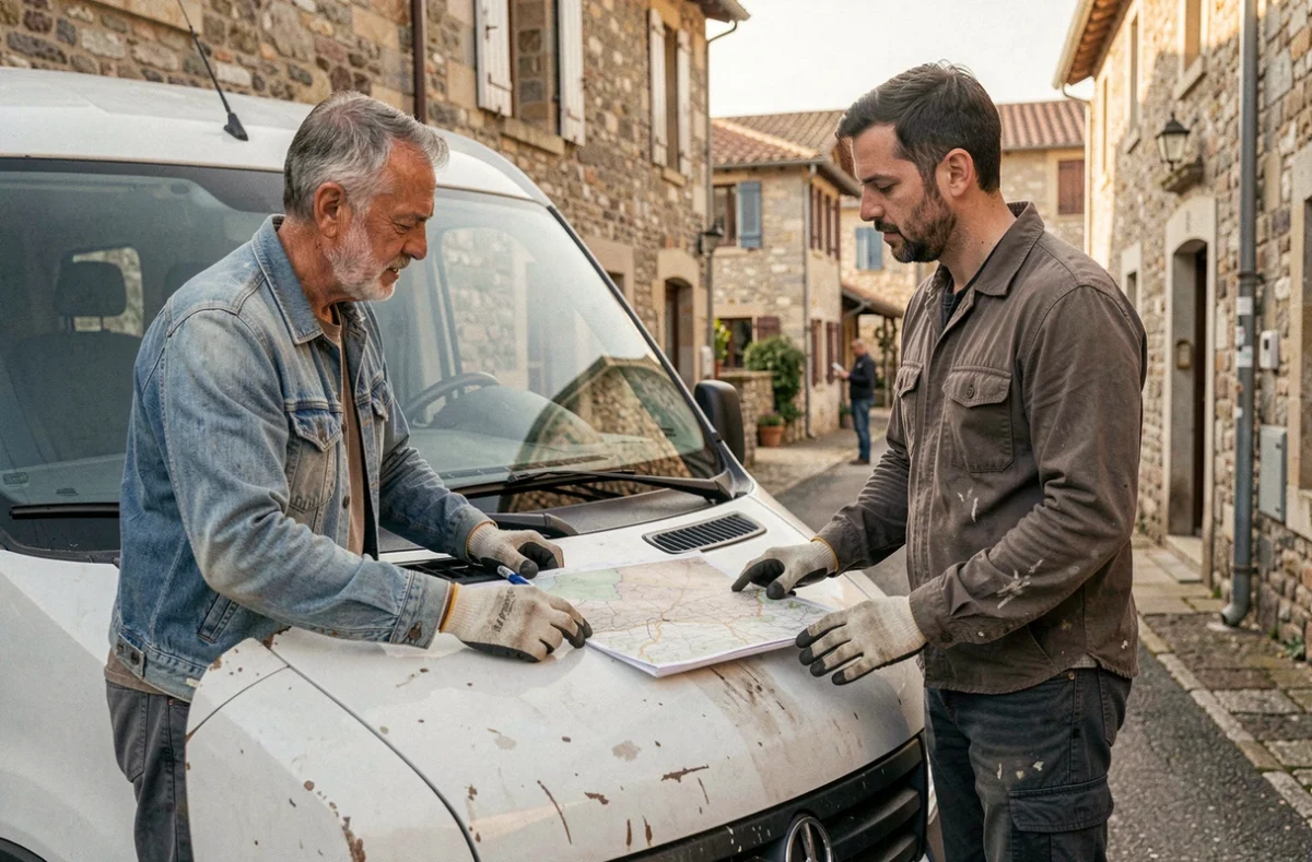 Prestataires indépendants de déménagement à Tulle et Ussel consultant une carte sur le capot de leur camionnette