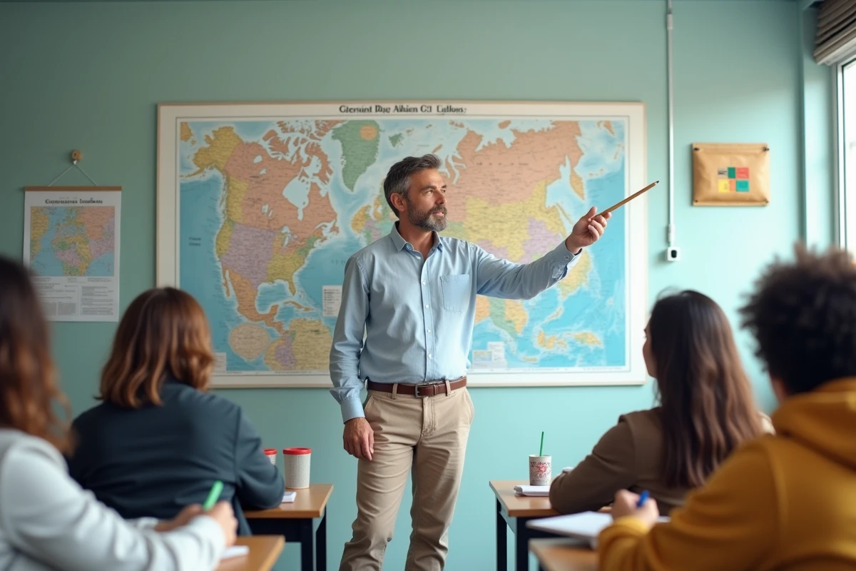 Professeur montre une carte politique de l