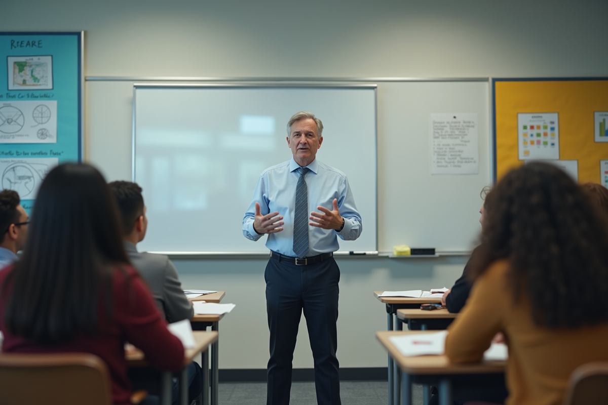 Professeur expliquant devant un tableau dans une classe moderne