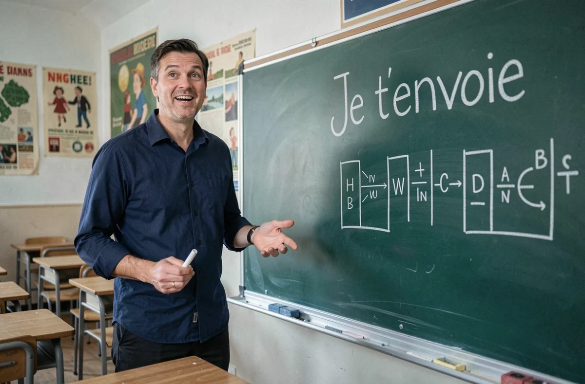 Professeur de français expliquant la règle mnémotechnique de je t'envoie devant un tableau vert dans une salle de classe