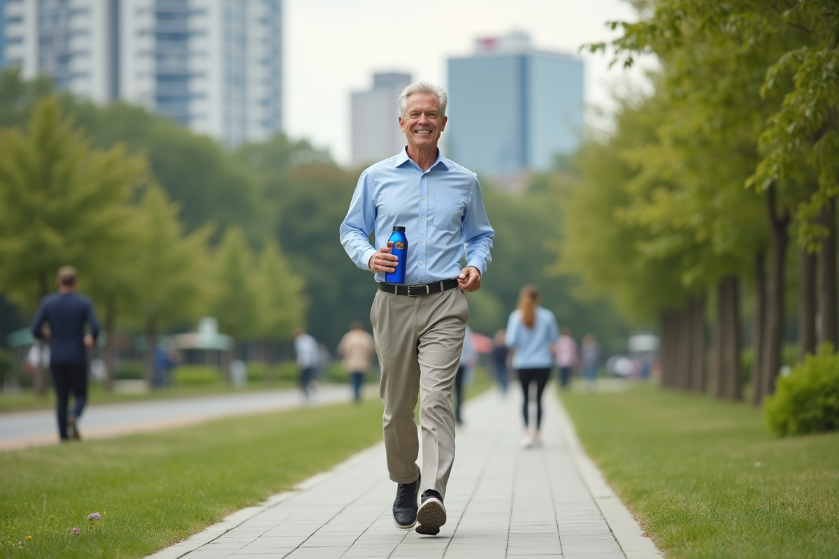 Homme marchant dans un parc urbain ensoleille
