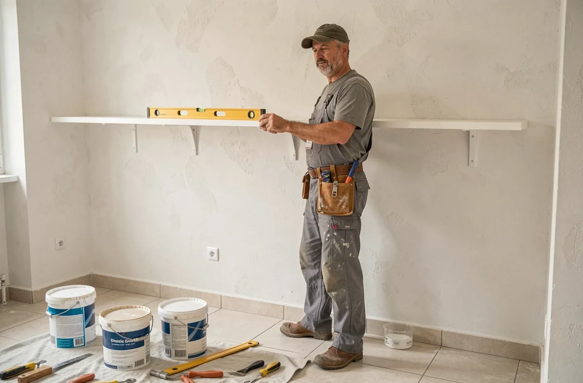 Artisan polyvalent de Prox Solution Multitravaux installant une étagère dans un logement rénové en Corrèze