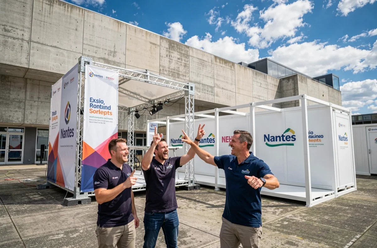 Équipe dynamique de Pulséa supervisant l'installation d'un événement extérieur devant un centre de congrès nantais