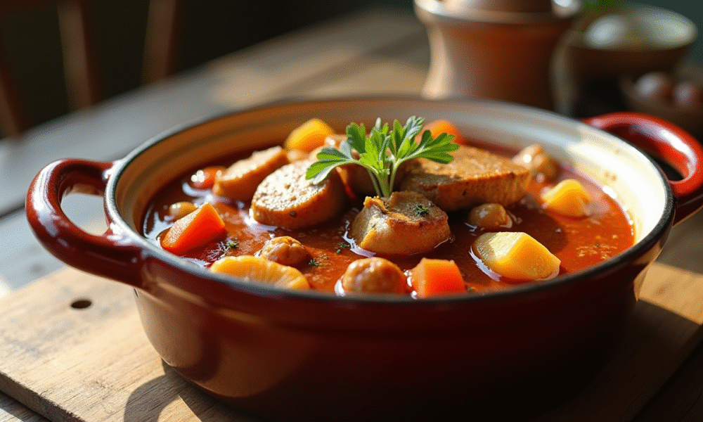 Ragoût de lapin en sauce servi dans un plat rustique