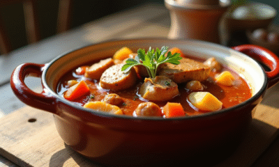 Ragoût de lapin en sauce servi dans un plat rustique