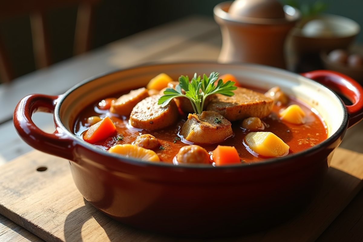 Ragoût de lapin en sauce servi dans un plat rustique