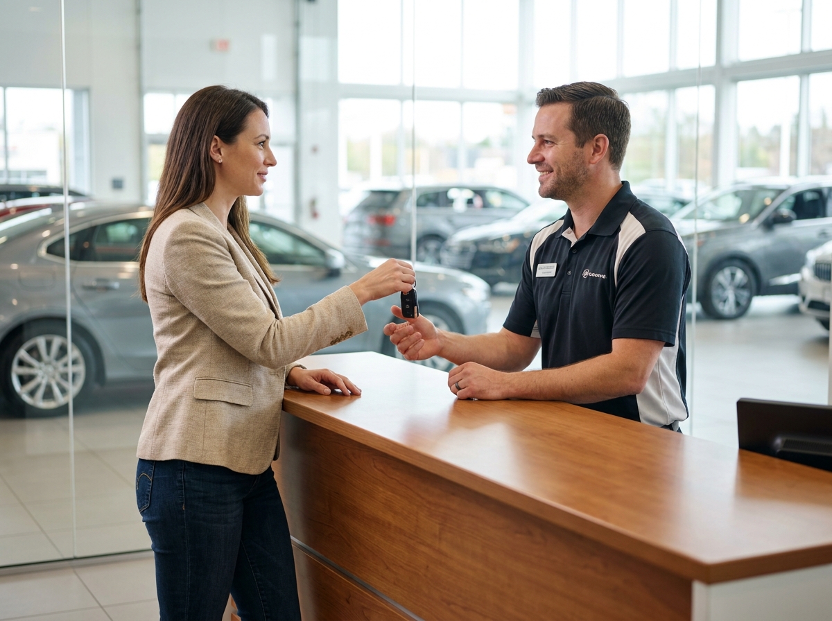 Femme remettant les clés de sa voiture à un conseiller lors d'une reprise en concession automobile