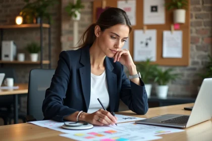 Responsable marketing analysant un calendrier de campagnes pour des journées mondiales dans un bureau créatif moderne