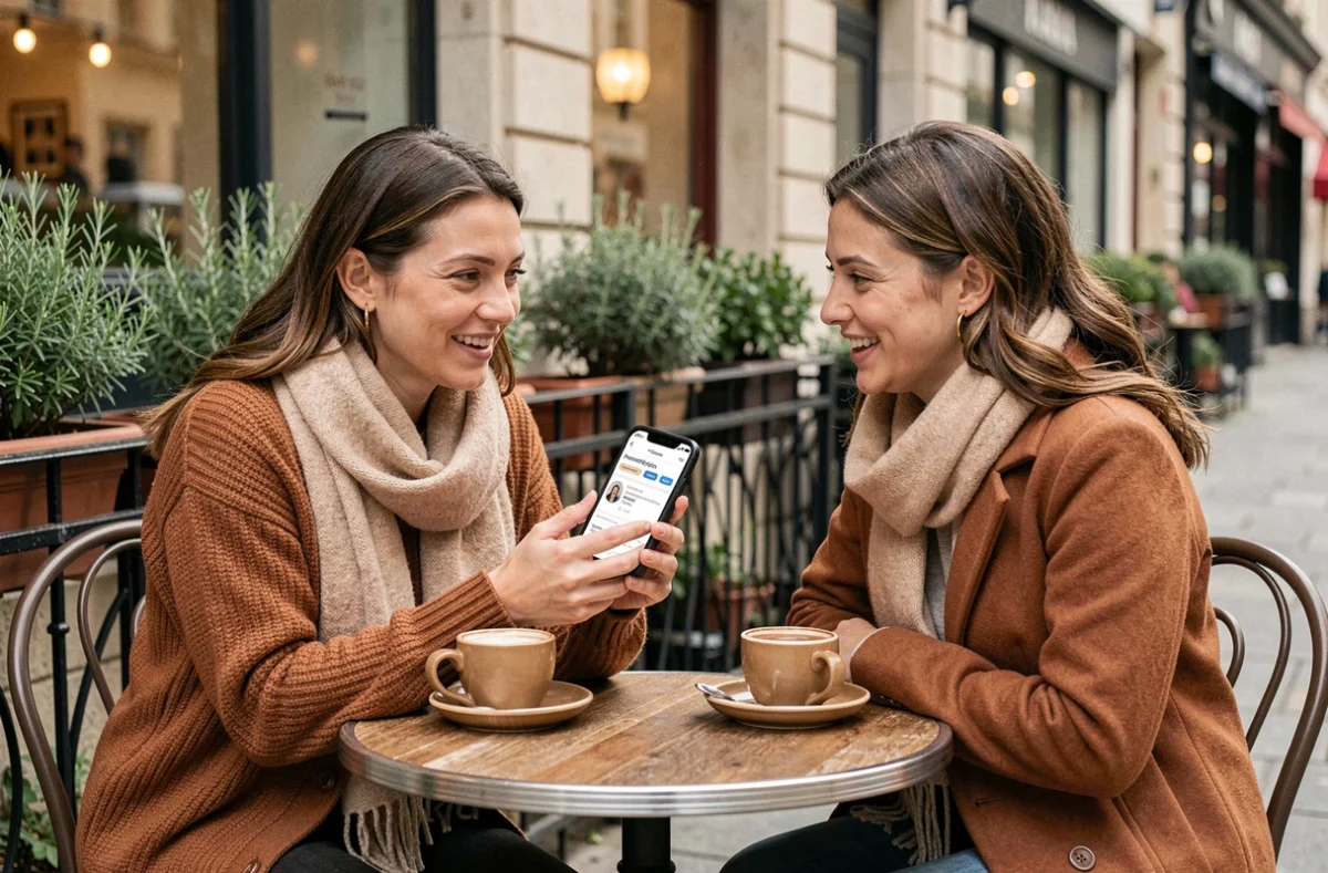 Deux amies discutant des résultats d'un test de personnalité archange autour d'un café en terrasse