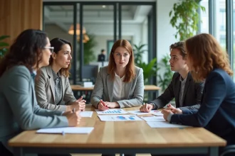 Groupe de collaborateurs en réunion dans un bureau moderne