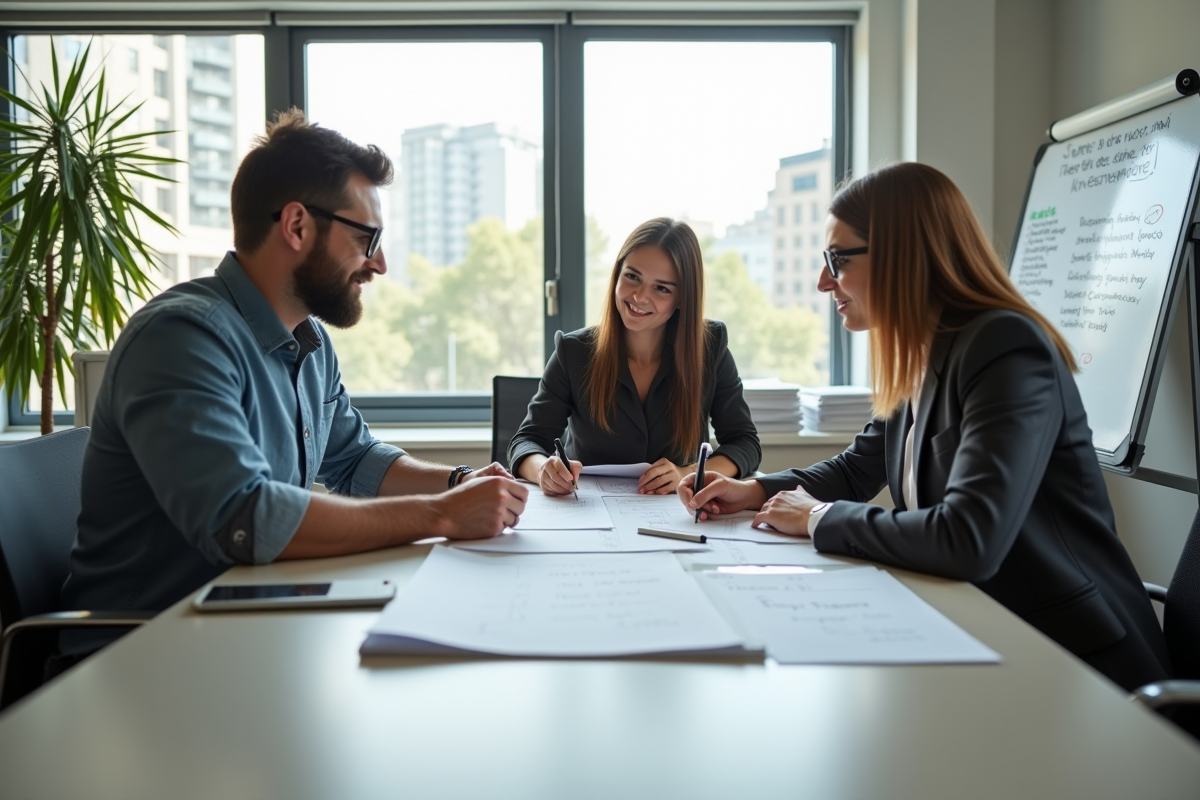 Equipe diverse en réunion de travail dans une salle lumineuse