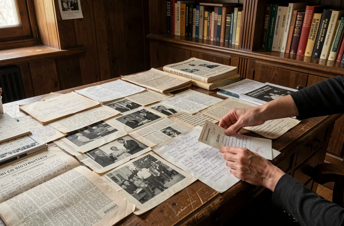Bureau vintage encombré de lettres manuscrites et de coupures de presse des années 1970, illustrant l'enquête et les archives liées à l'affaire Ruth Finley
