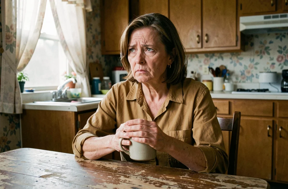 Femme d'âge mûr pensive à une table de cuisine des années 1970, évoquant l'histoire vraie de Ruth Finley et son profil psychologique complexe