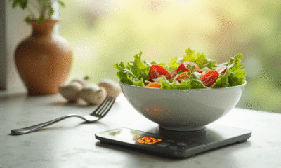 Bol de salade fraîche avec balance numérique et calories