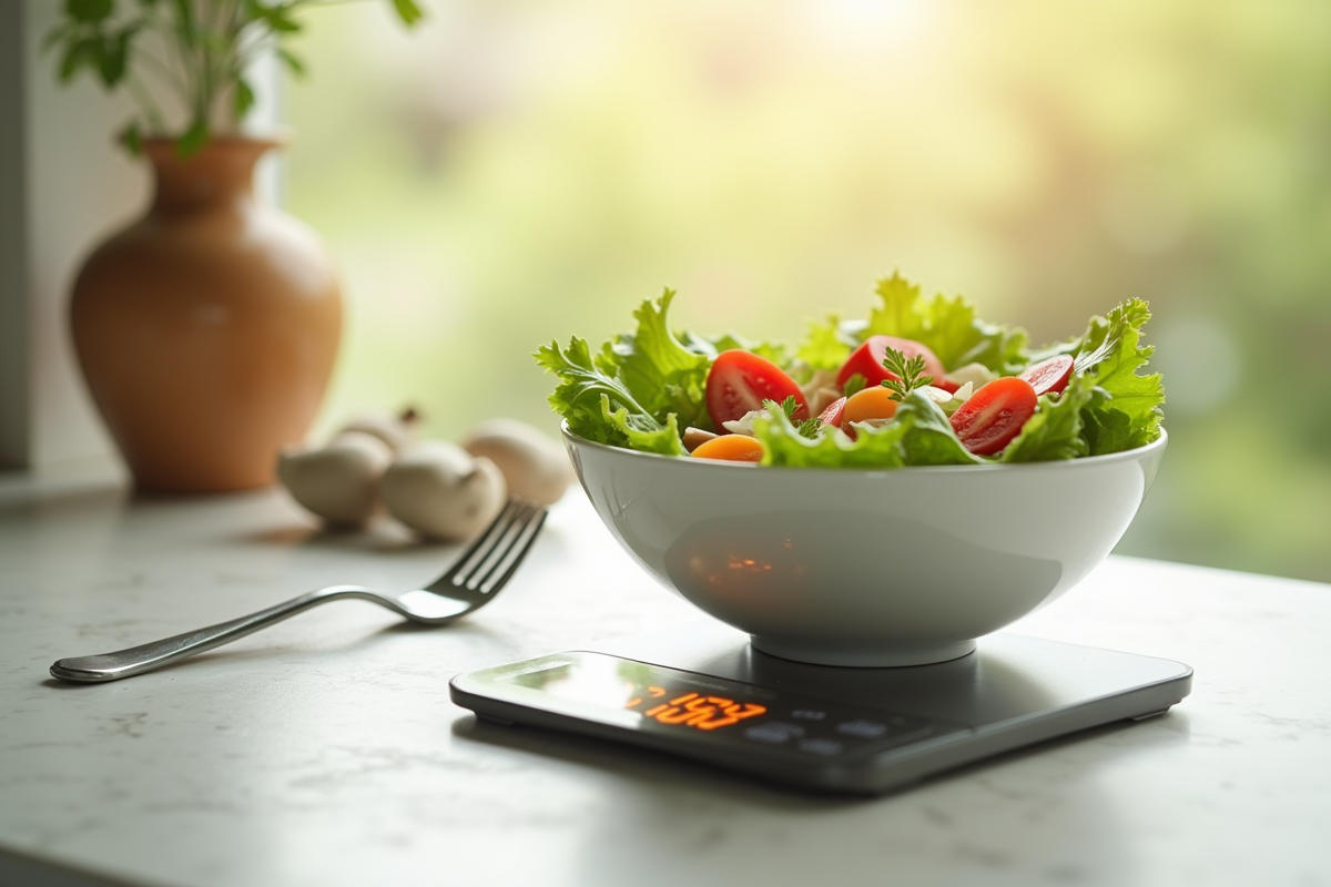 Bol de salade fraîche avec balance numérique et calories