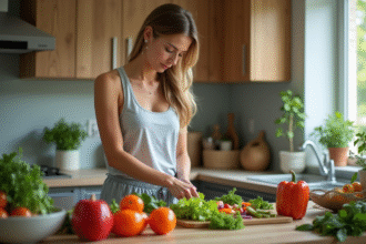 Femme préparant une salade colorée dans une cuisine moderne
