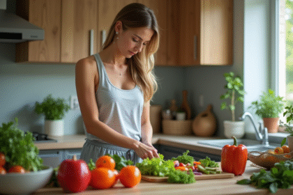 Femme préparant une salade colorée dans une cuisine moderne