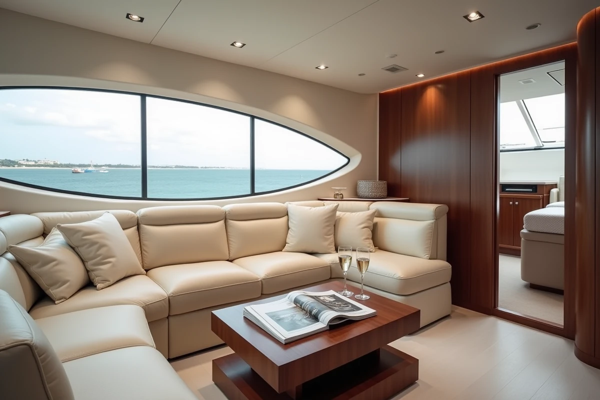 Salon intérieur d'un yacht de luxe avec canapé en cuir crème et hublots panoramiques donnant sur la côte