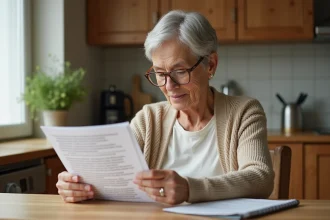 Femme senior lisant les règles du jeu 421 imprimées en grande police à la table de sa cuisine