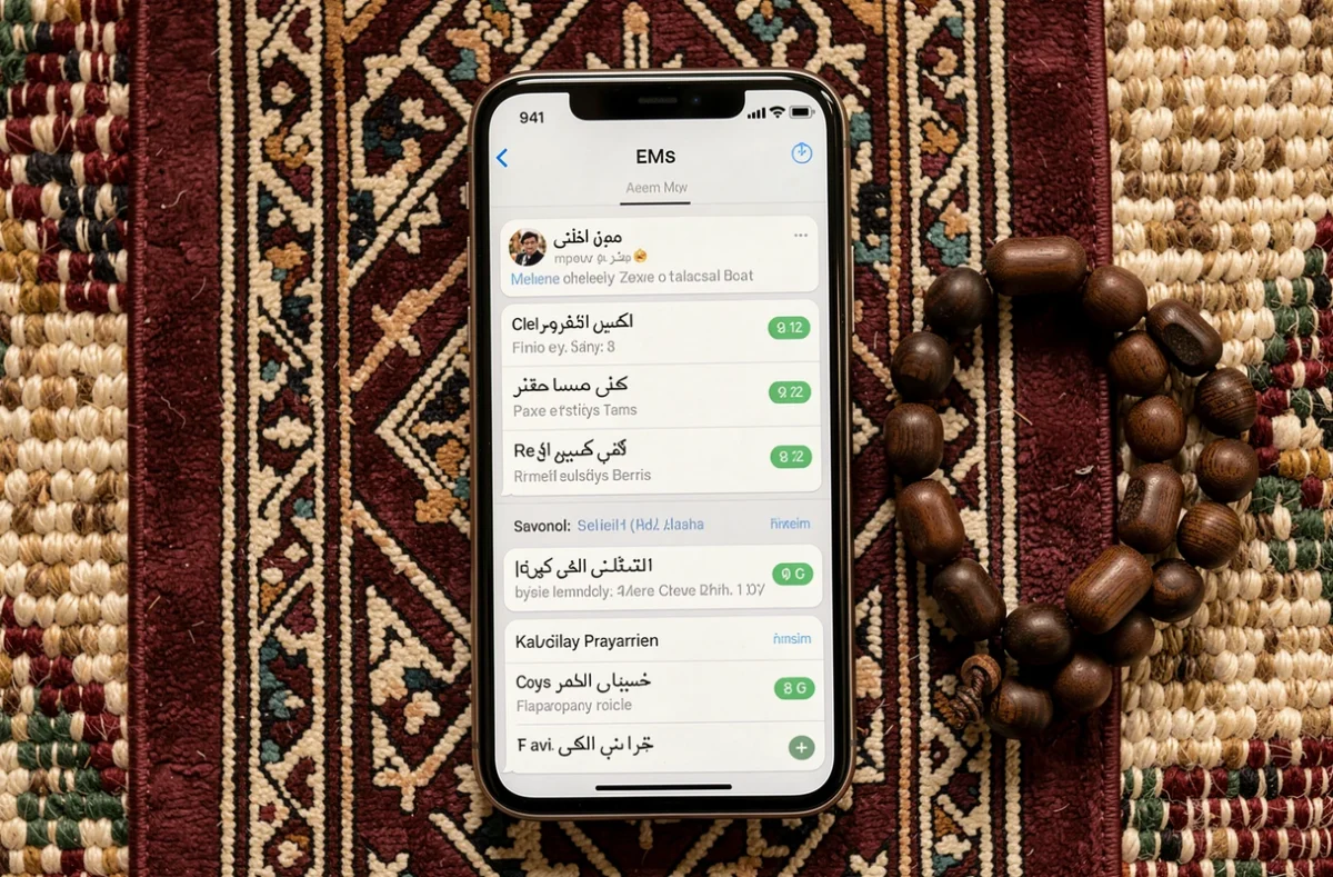 Smartphone affichant un SMS des horaires de prières de Narbonne posé sur un tapis de prière avec un chapelet