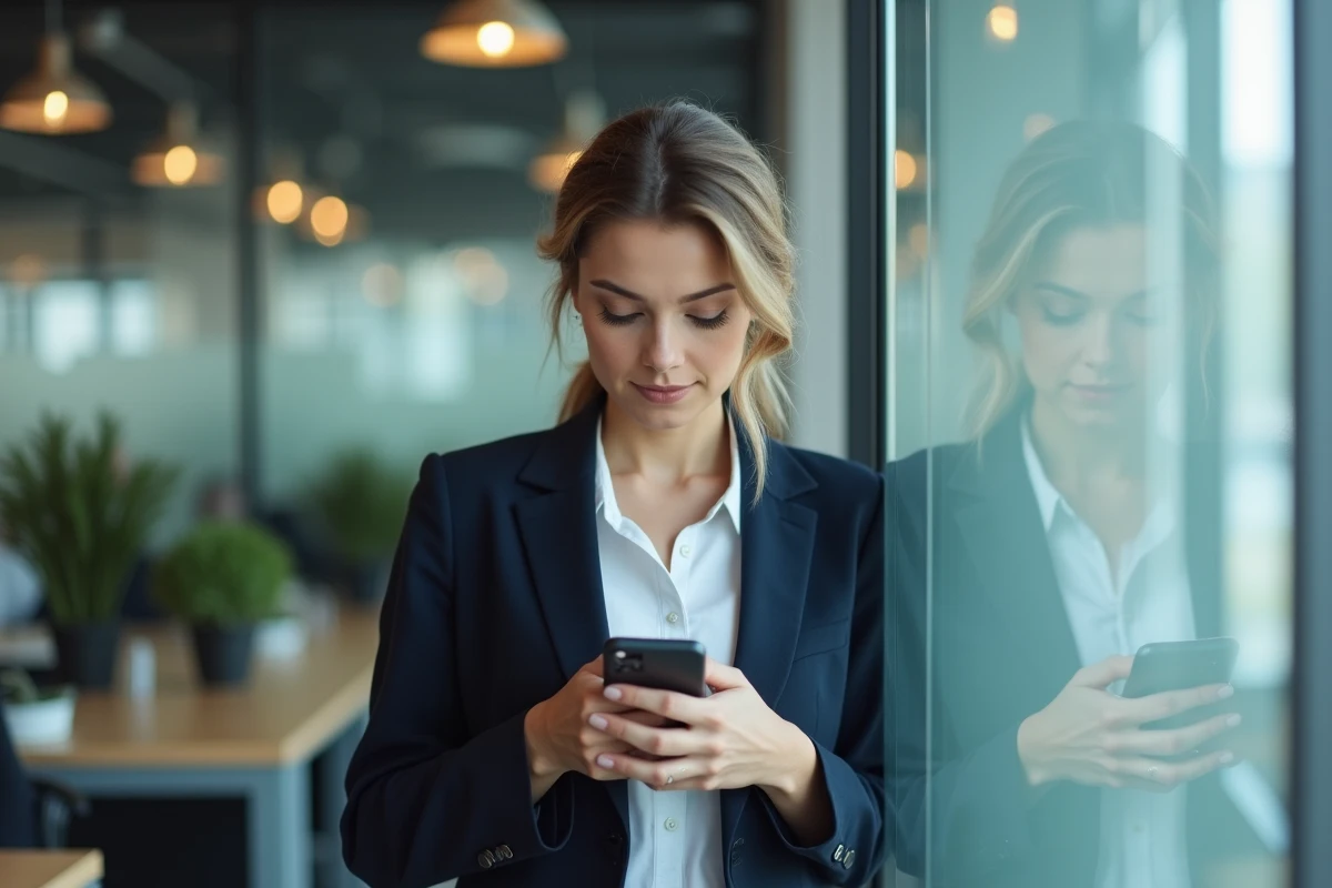 Femme envoyant un message anonyme depuis son téléphone dans un bureau moderne