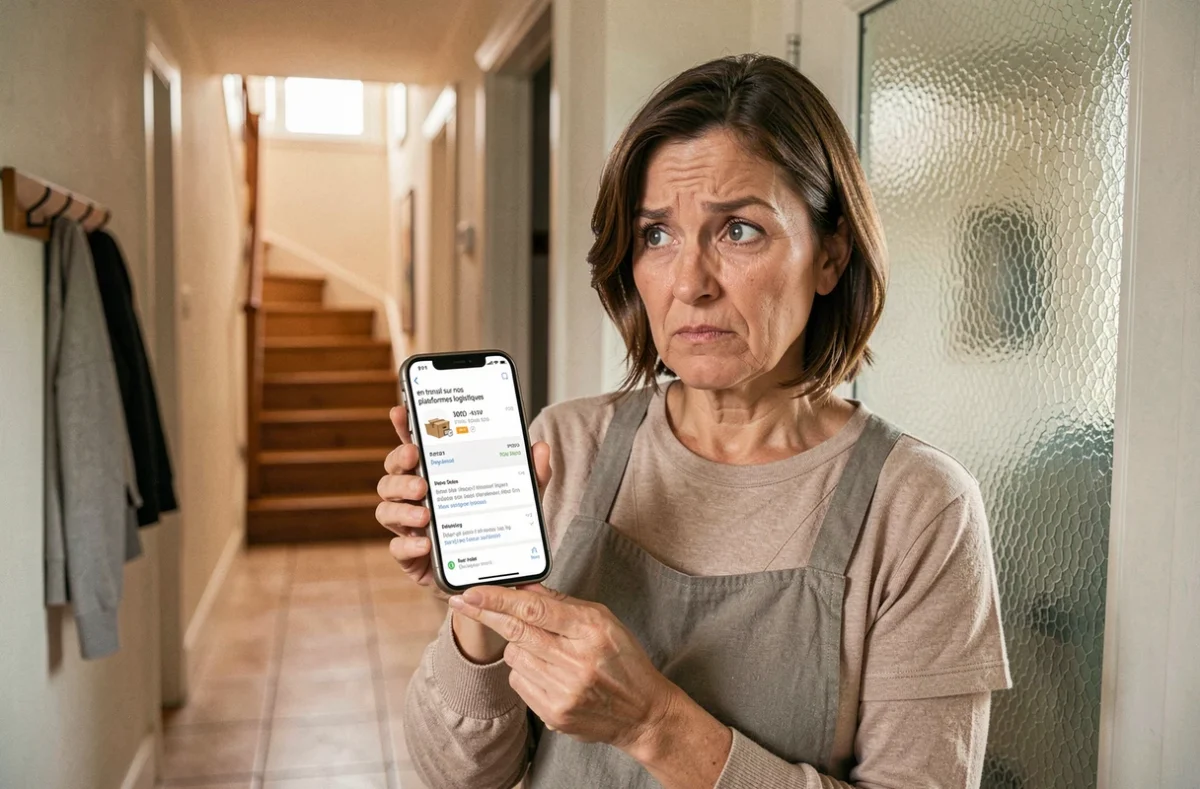 Femme consultant le suivi de son colis sur smartphone affichant le statut en transit logistique