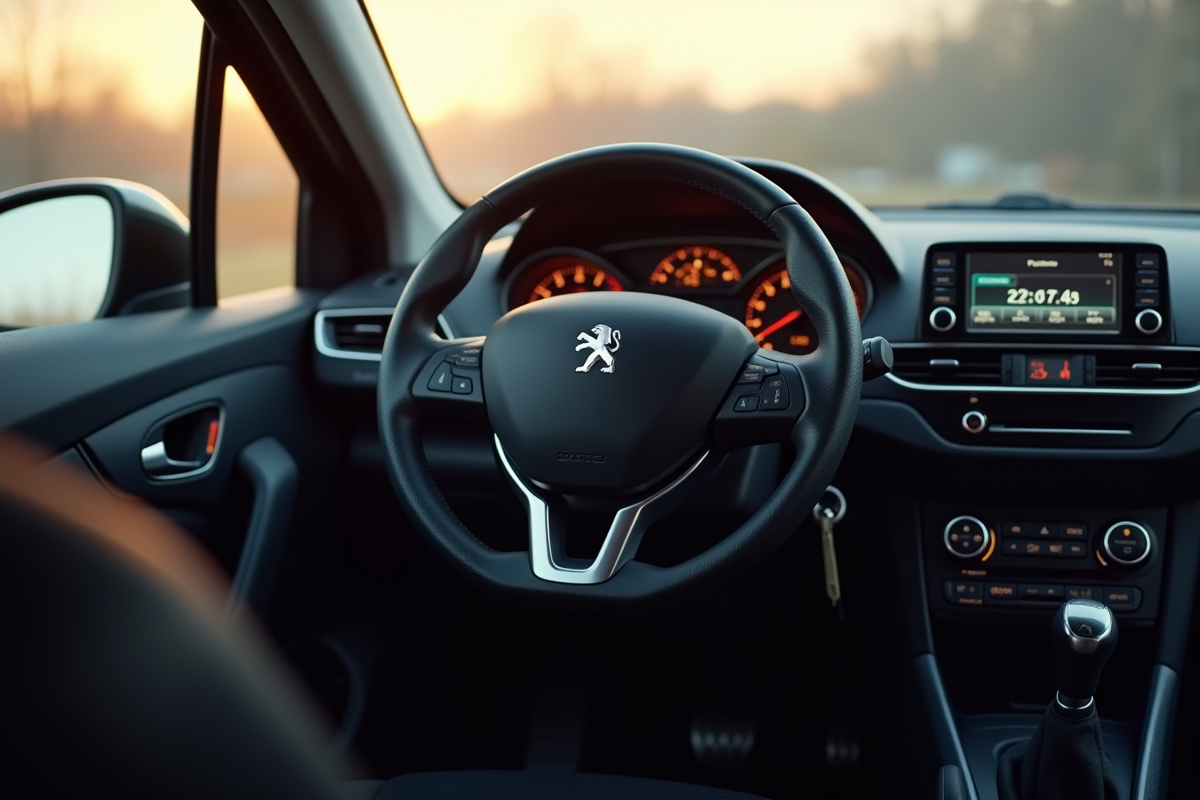 Intérieur du Peugeot 2008 avec tableau de bord et volant en lumière naturelle