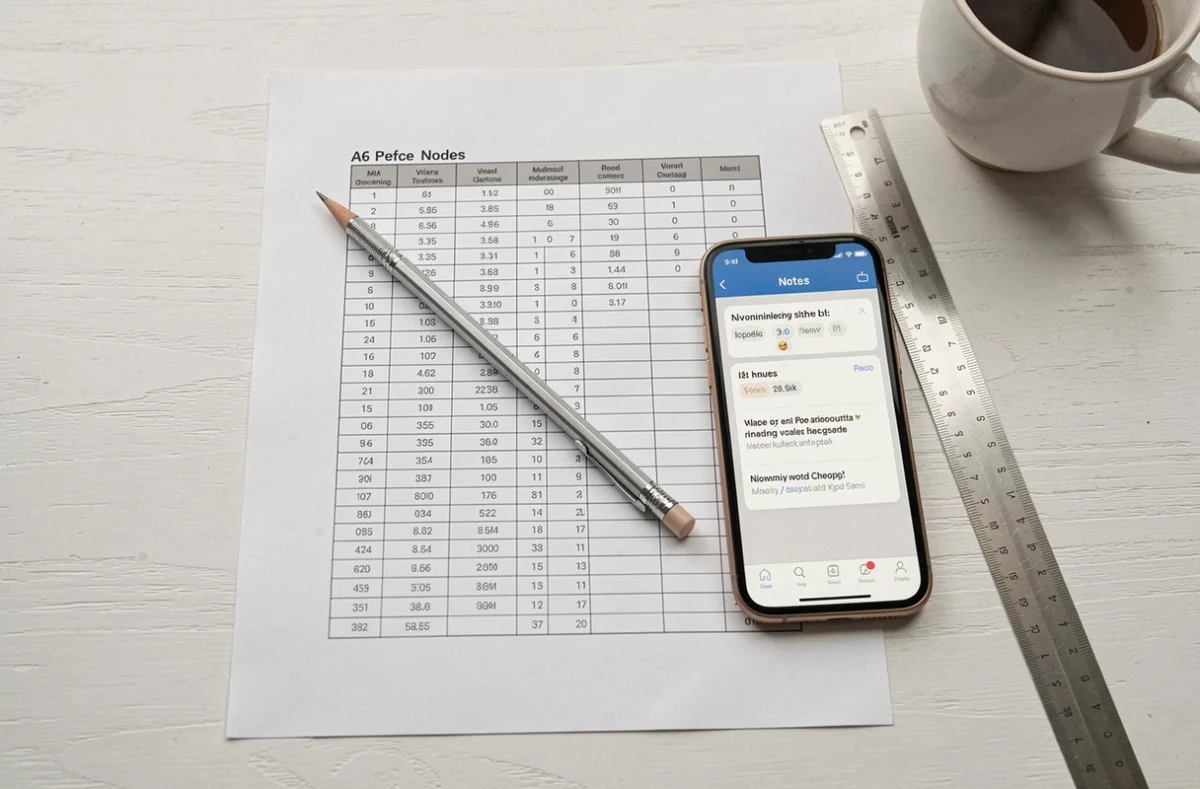Tableau imprimé des dimensions pixels A4 avec règle et smartphone posés sur un bureau blanc