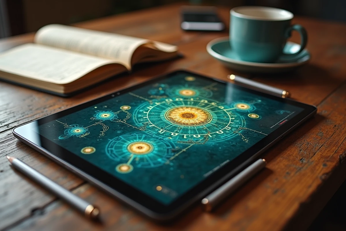 Vue aérienne d'une tablette affichant une carte de jeu Dofus avec des marqueurs de portails entourée de notes stratégiques manuscrites