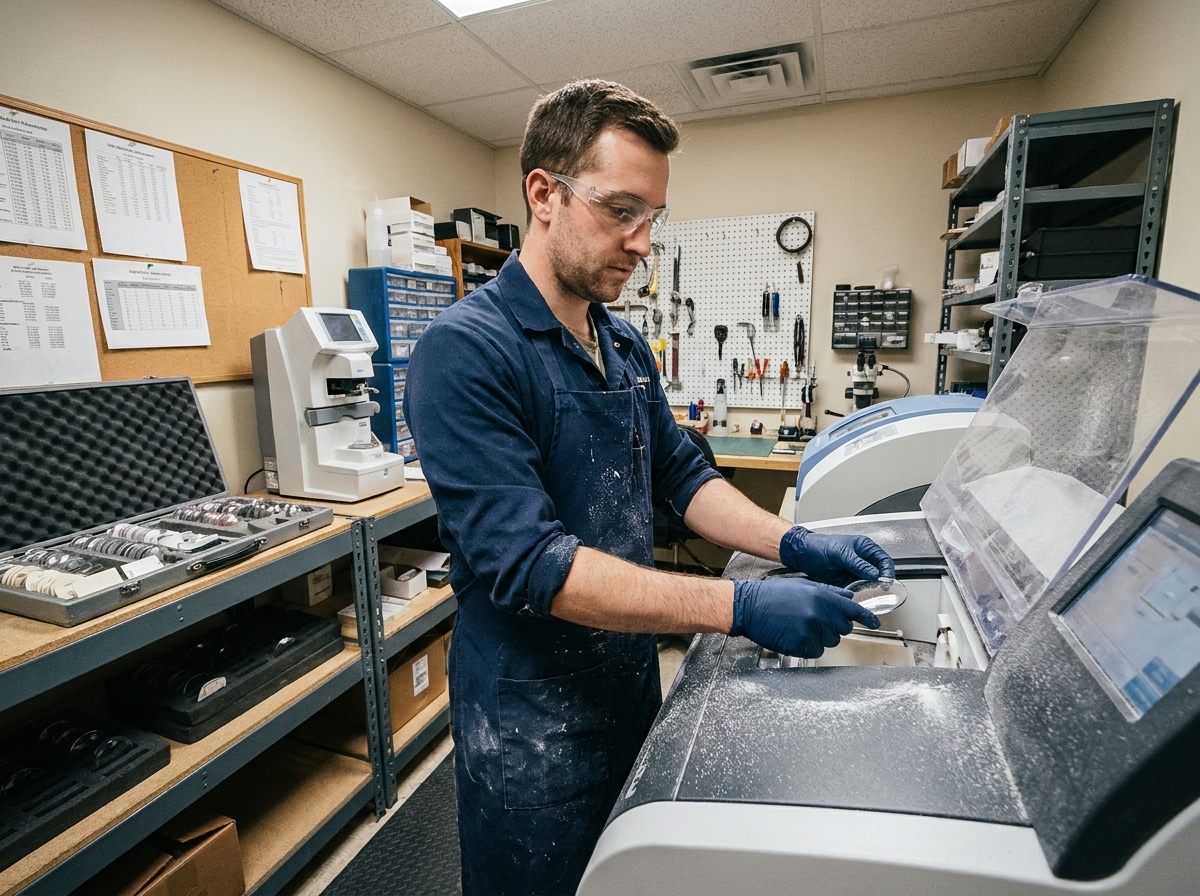 Technicien opticien utilisant une machine à tailler les verres dans l'atelier de montage d'un magasin d'optique