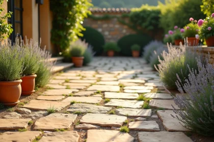 Terrasse provençale en pierres calcaires irrégulières entourée de lavande et de romarin dans un jardin naturel du sud de la France