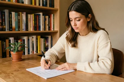 Femme introspective remplissant un test de personnalité archange à son bureau à domicile